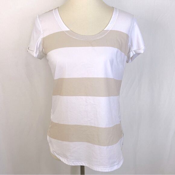 LULULEMON LIGHTENED UP SHORT SLEEVE STRIPE TEE CASHEW WHITE/WHITE - Picture 1 of 10